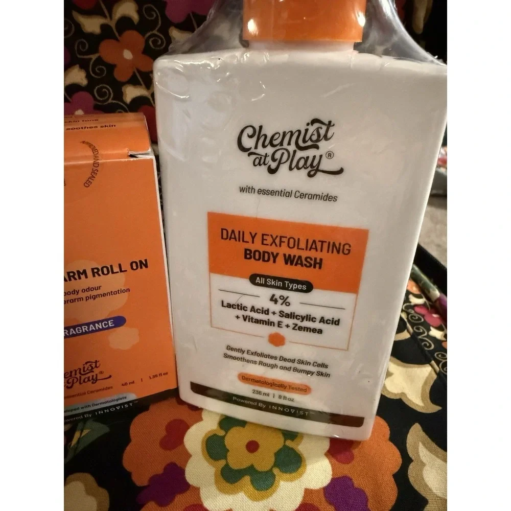 Chemist at Play Daily Set Exfoliating body wash, body lotion, and under arm roll